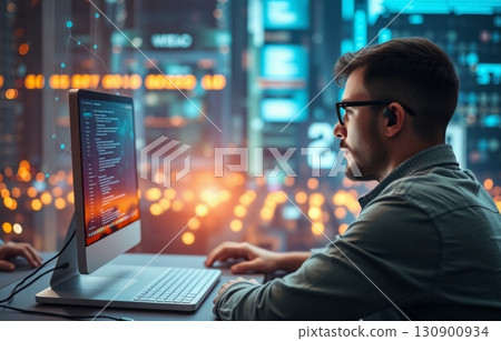 Man works at a computer in the data center. 130900934