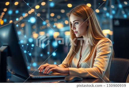 Woman works at a computer in the data center. 130900939