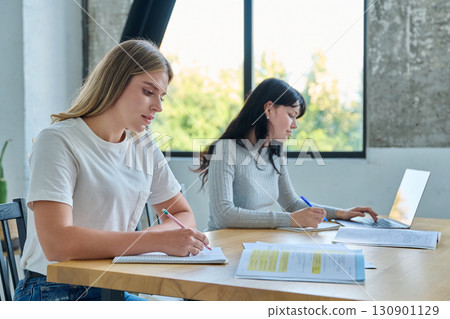 Two university students sitting at desk studying, with laptop, textbooks, notebooks 130901129