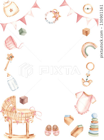 Baby girl Card Template, vertical Frame with Toys, clothes and cradle. Baby Shower border. Hand drawn watercolor illustration in pastel colors. For newborn greeting cards, invitations, gender reveal 130901161