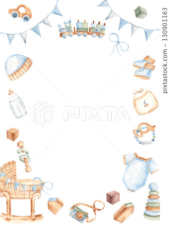 Baby boy Card Template with Toys, clothes and cradle. Baby Shower vertical frame, border. Hand drawn watercolor illustration in pastel colors. For newborn greeting cards, invitations, gender reveal Baby boy Card Template with Toys, clothes and cradle. Baby Shower vertical frame, border. Hand drawn watercolor illustration in pastel colors. For newborn greeting cards, invitations, gender reveal 130901163