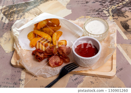Appetizing bacon and french fries with ketchup and garlic sauce Appetizing bacon and french fries with ketchup and garlic sauce 130901260