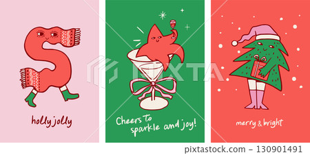 Merry Christmas cards, banners and prints with funny hand drawn cartoon characters 130901491