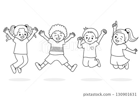 微笑的孩子跳躍的線條畫插圖 130901631