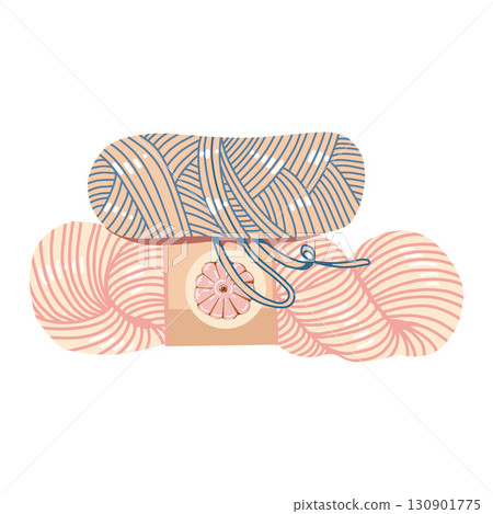 Composition of blue and pink yarn skeins. Balls of wool for knitting. Tools and equipment for knitting, needlework. Handicrafts, hobbies at home. Cartoon vector. Vector flat illustration of autumn and 130901775