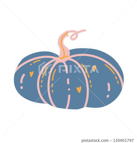 Cute decorative pumpkin with hearts isolated on white background. Vector flat illustration. Autumn decor element and Halloween attribute. Vector illustration in blue and pink colors. Clipart for girls Cute decorative pumpkin with hearts isolated on white background. Vector flat illustration. Autumn decor element and Halloween attribute. Vector illustration in blue and pink colors. Clipart for girls 130901797