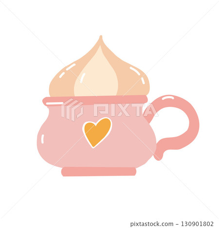 Illustration of cute pink mug with whipped cream. Mug with a heart isolated on white background. Vector flat illustration. Autumn attribute Illustration of cute pink mug with whipped cream. Mug with a heart isolated on white background. Vector flat illustration. Autumn attribute 130901802