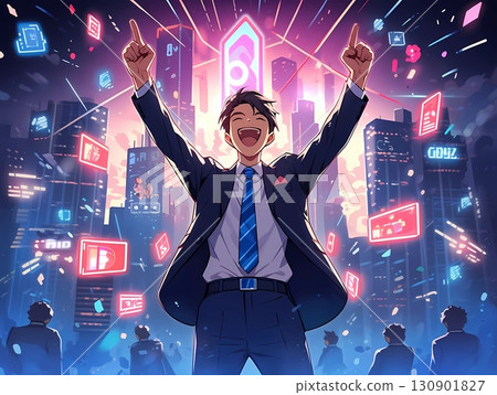 商人在城市建築背景下因商業成功而歡欣鼓舞 130901827