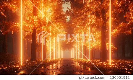 A fantastical tree-lined street woven with light and autumn | An artistic landscape that combines a futuristic feel with natural beauty 130901911