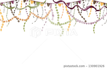 Festive watercolor frame with ropes, tinsel, and carnival elements. Ideal for greeting cards, party backgrounds, and event invitations. Horizontal banner with hanging garlands and ribbons. Festive watercolor frame with ropes, tinsel, and carnival elements. Ideal for greeting cards, party backgrounds, and event invitations. Horizontal banner with hanging garlands and ribbons. 130901926
