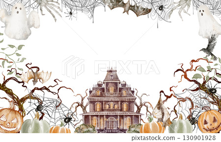 Halloween banner frame in watercolor style with pumpkin, ghost, bat, castle, spider, and cobweb elements for party, invitation, or flyer design. Halloween banner frame in watercolor style with pumpkin, ghost, bat, castle, spider, and cobweb elements for party, invitation, or flyer design. 130901928