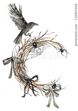 Wreath of dry branches with raven, spiders and bows. Watercolor illustration for card, invitation, template or background. Gothic element, Halloween decor, occult design. Wreath of dry branches with raven, spiders and bows. Watercolor illustration for card, invitation, template or background. Gothic element, Halloween decor, occult design. 130901936