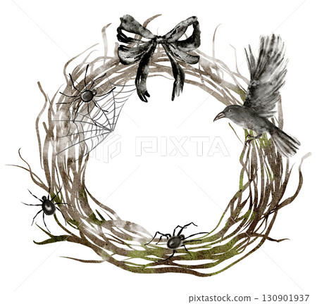 Wreath of dry branches with raven, spiders and bows. Watercolor illustration for card, invitation, template or background. Gothic element, Halloween decor, occult design. 130901937