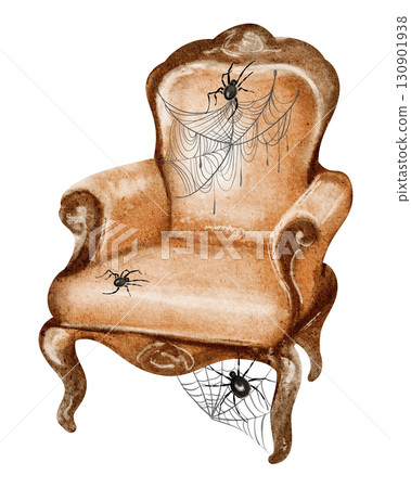 Watercolor drawing of a vintage armchair in orange with cobwebs. Antique furniture with carved details. Ideal for home interior, decoration, or Halloween concept. 130901938