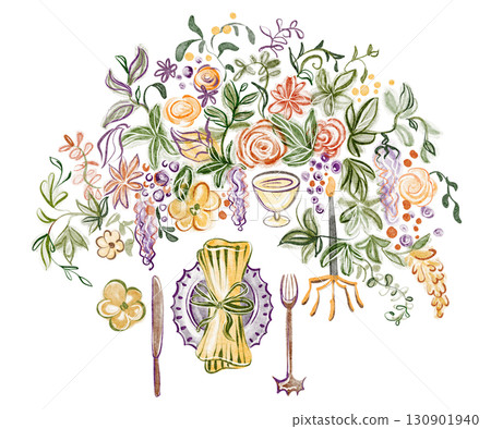 Dinner table watercolor illustration with flowers, napkin, cutlery, menu and candle. Hand painted template for catering, brunch, banquet, reception, appetizer, cocktail hour or seating design. 130901940