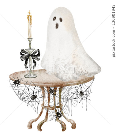 Hand-drawn Halloween scene with a candle, ghost, and festive table setting. Includes spider web, raven, and wooden textures for an atmospheric holiday look. 130901945
