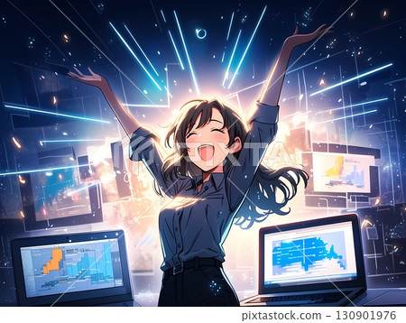 A businesswoman who is happy with her business success and raises her hands A businesswoman who is happy with her business success and raises her hands 130901976