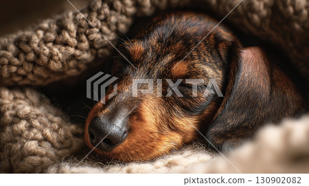 Close-up of a sleeping puppy wrapped in a knitted blanket Close-up of a sleeping puppy wrapped in a knitted blanket 130902082