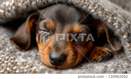 Dachshund puppy sleeping wrapped in a blanket 130902092