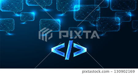 Coding and digital communication concept with low poly code symbol and speech bubbles, AI vector Coding and digital communication concept with low poly code symbol and speech bubbles, AI vector 130902169