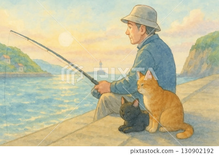 一位老人和幾隻貓在港口釣魚 130902192