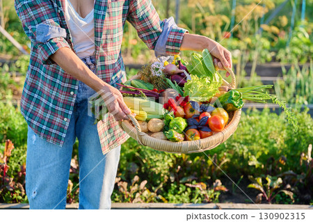Basket with different fresh vegetables herbs in woman's hands outdoor Basket with different fresh vegetables herbs in woman's hands outdoor 130902315