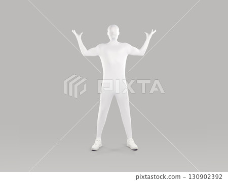 Faceless man in white body suit standing with raised hands 130902392