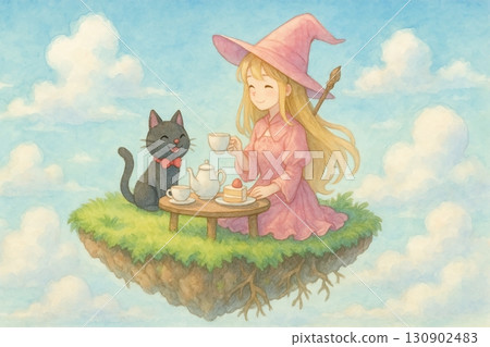 一個女孩在空中享受下午茶時光 130902483