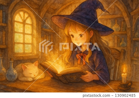 一個讀魔法書的女孩和一隻白貓 130902485