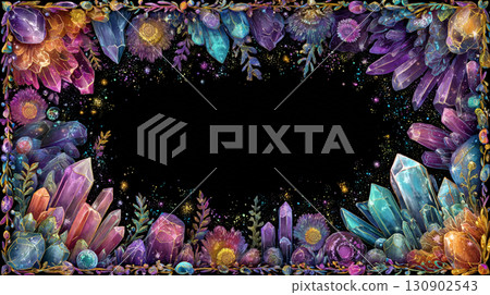 彩色水晶和花朵夢幻般的框架背景圖 130902543