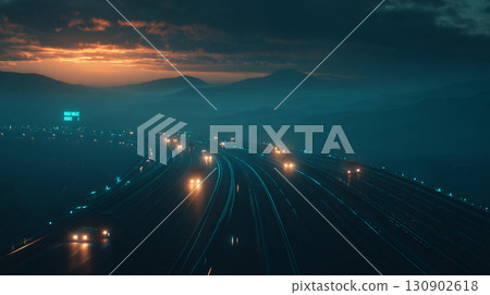 Highway at dawn and the lights of passing cars 130902618