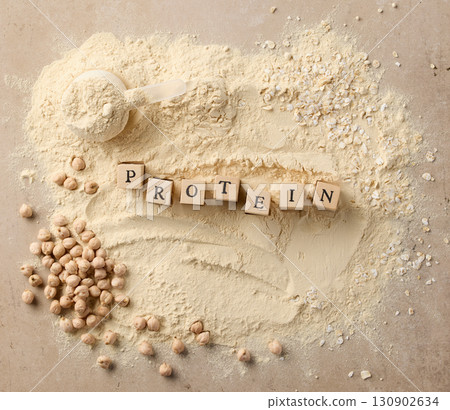 vegan protein powder with wooden letters 130902634