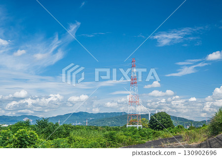 Steel tower standing on the riverbed, Hirakata City 130902696