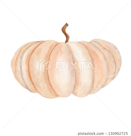 Beige pumpkin watercolor isolated on white background. Hand-painted autumn harvest illustration, perfect for Thanksgiving, Halloween, seasonal decor, cards, invitations, posters, and digital designs Beige pumpkin watercolor isolated on white background. Hand-painted autumn harvest illustration, perfect for Thanksgiving, Halloween, seasonal decor, cards, invitations, posters, and digital designs 130902725
