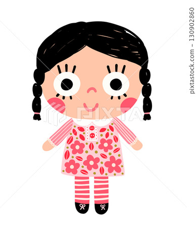 Cute vector hand drawn rag doll with braids and black hair, Cartoon baby girl toy illustration Cute vector hand drawn rag doll with braids and black hair, Cartoon baby girl toy illustration 130902860