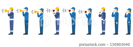 Flat illustration: Worker shouting with a megaphone (side) Flat illustration: Worker shouting with a megaphone (side) 130903040