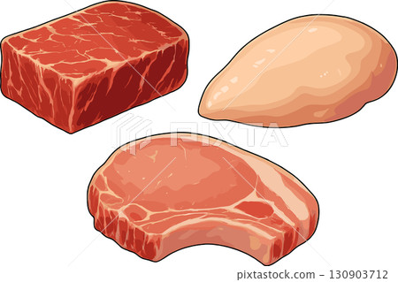 生豬肉、雞肉和牛肉插圖 130903712