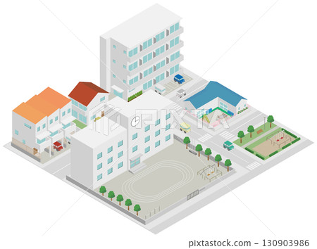 學校、托兒所和房屋的城市景觀等距圖像 學校、托兒所和房屋的城市景觀等距圖像 130903986