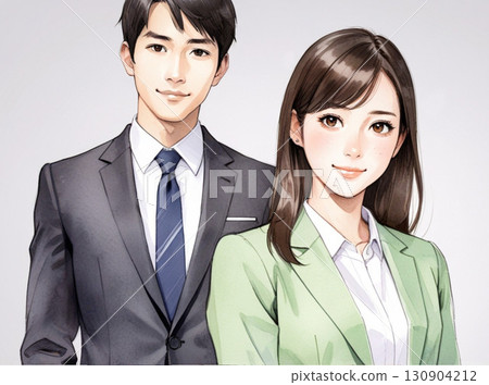 Illustration of Japanese men and women working in an office (watercolor style) 130904212
