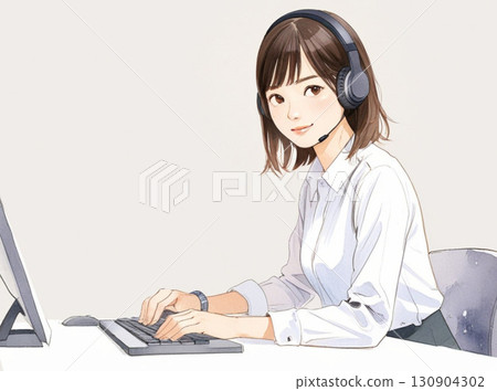 一位年輕的女職員正在進行電話行銷（水彩插圖） 130904302