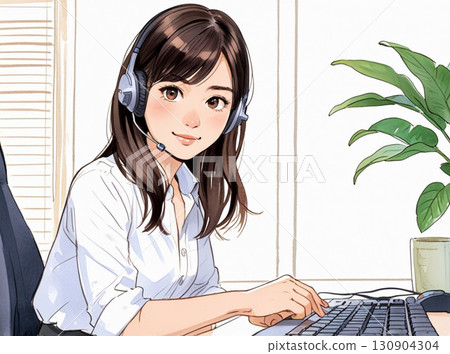 一位年輕的女職員正在進行電話行銷(水彩插圖) 一位年輕的女職員正在進行電話行銷(水彩插圖) 130904304