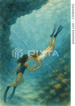 海中牽手潛水的女子插畫 130904491