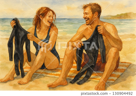 沙灘上快樂情侶準備潛水插畫 130904492