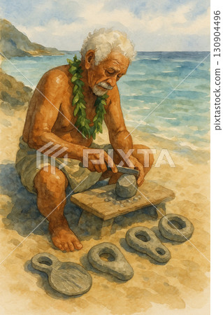 Illustration of an island elder carving stone tools on the beach 130904496