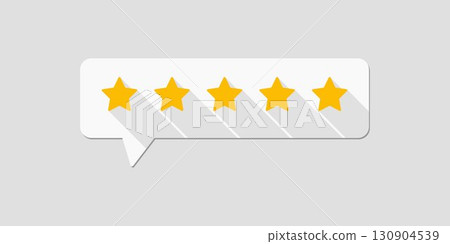 Five star rating. Five star rating displayed in a speech bubble. Review and rate us concept. 130904539