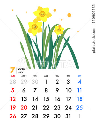 July calendar, desk, daffodils, holidays, Sunday start, Japan 130904583