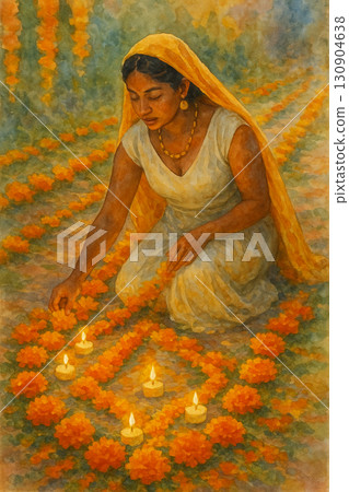 Illustration of a woman placing marigolds and candles during a festive ceremony 130904638