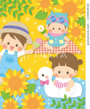 Fun summer illustration_Sunflowers and children Fun summer illustration_Sunflowers and children 130904650