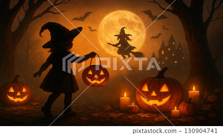 A fantastic Halloween night scene with a witch and jack-o'-lantern flying over the full moon 130904741