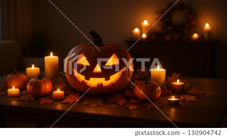 Halloween jack-o'-lantern and candles warm night atmosphere 130904742